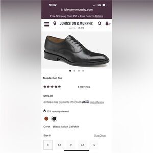 Johnston & Murphy Black Leather Oxford Meade Cap Toe Shoe size 8